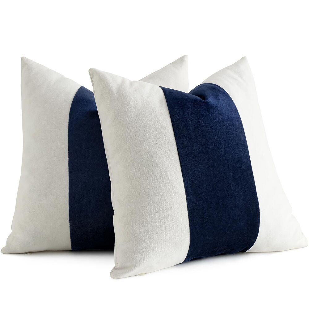 Set of 2, 18 x 18-Inch Velvet Panel Cotton Pillow Covers (Navy Blue Stripe)